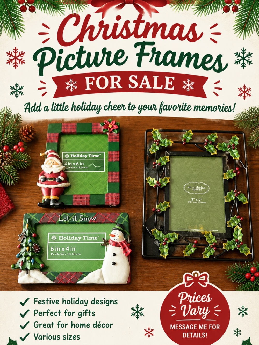 New Holiday Time Red & Green Festive Christmas Picture Frames